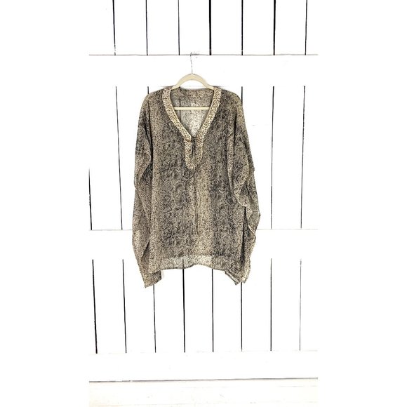 Reptile snake print lightweight sheer beaded kimono cover up caftan blouse - Picture 1 of 5